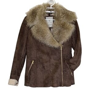 Guess Y2K Faux Suede Jacket Womens Sz Medium Brown Faux Fur Collar Zip Up Biker